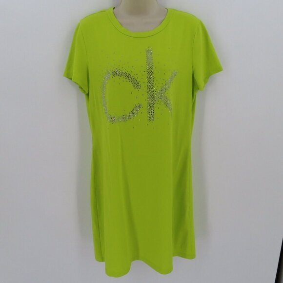 Calvin Klein Womens Large Yellow Green White Rhinestone Bling Tee T Shirt Dress - Picture 12 of 14